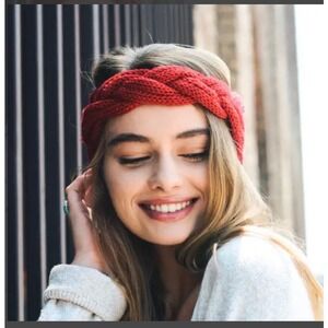 Braid Front Knit Crochet Headband Red